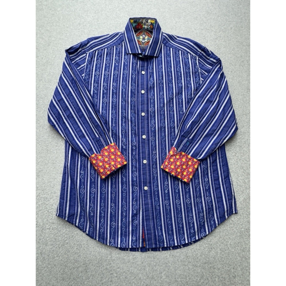 Robert Graham Shirt Mens Large Blue Striped Embroidered Silk Blend Flip‎ Cuff